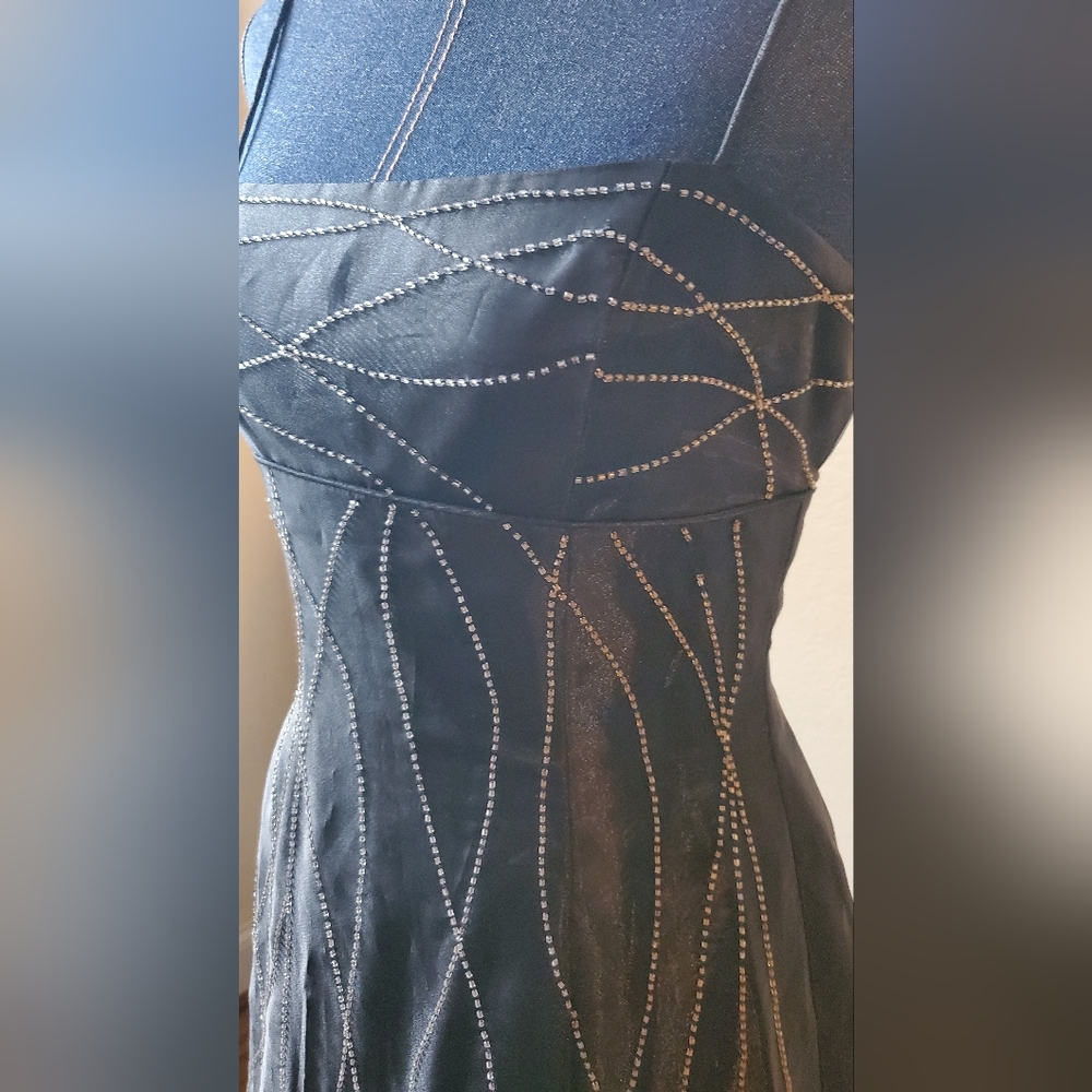 Black Strapless Evening Dress with Rhinestone Swirl Detail